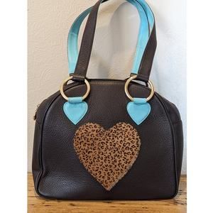 Sweet Tooth Brown Pebbled Grain Cheetah Heart Satchel Handbag